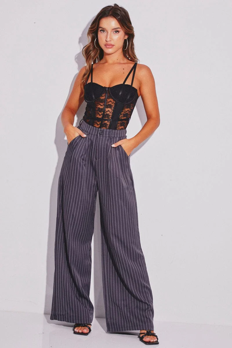 Grey Stripe Stripe Wide Leg Boyfriend Pants