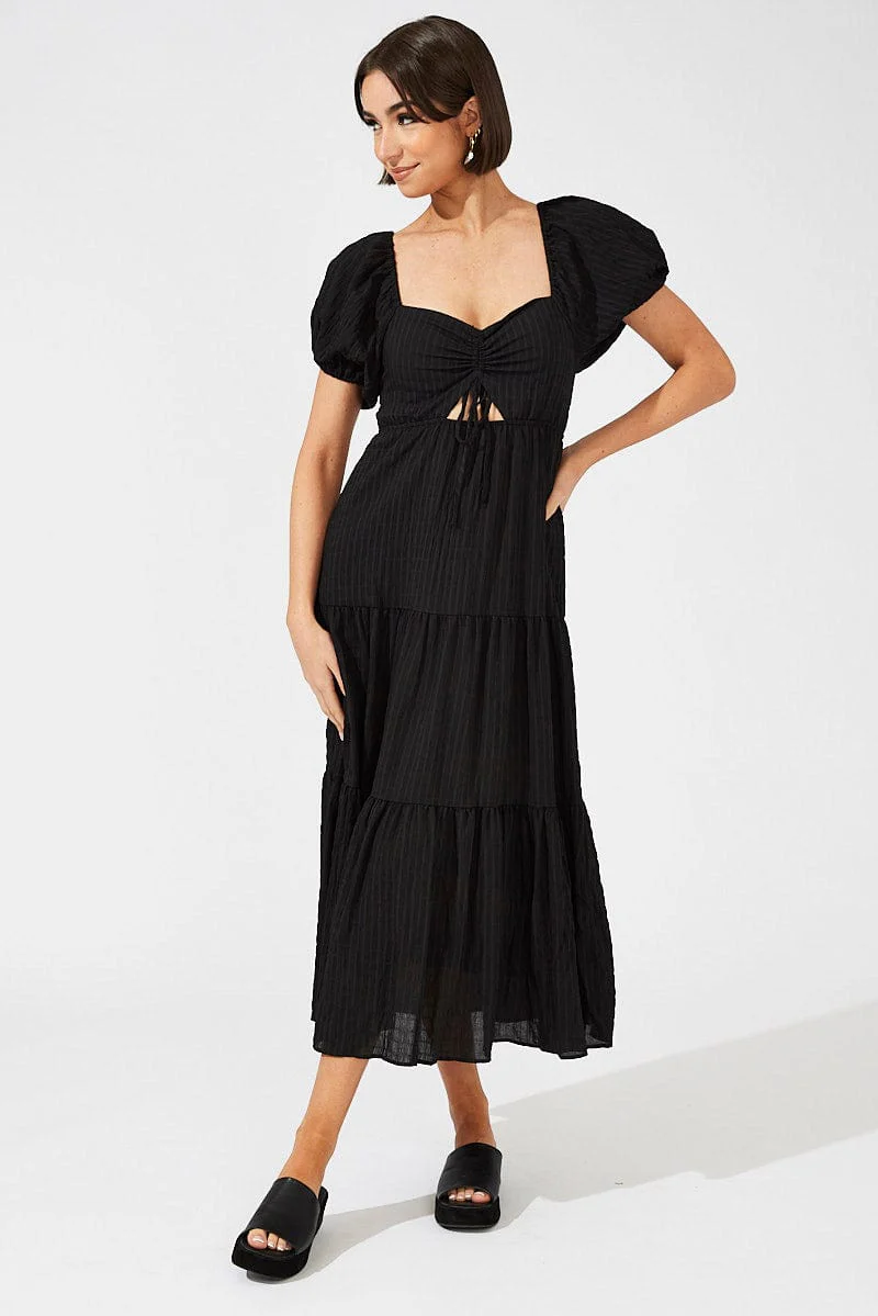 Black Midi Dress Puff Sleeve Ruch Front
