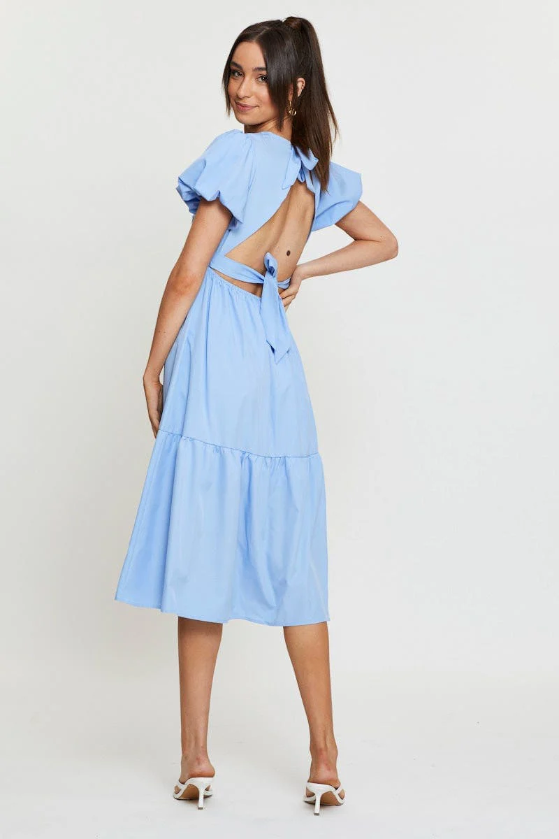 Blue Midi Dress Short Sleeve Round Neck