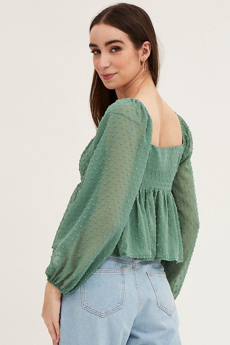 Green Puff Sleeve Peplum Top