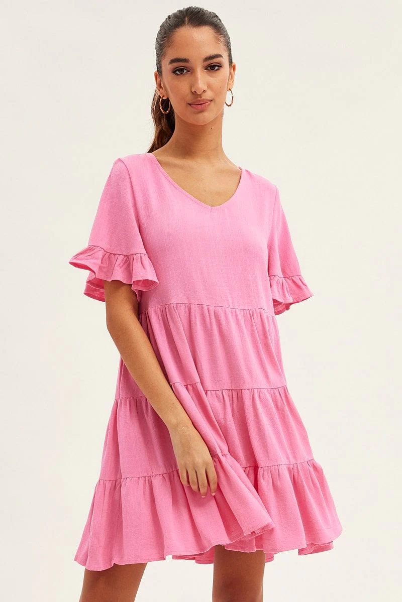 Pink Relaxed Dress Short Sleeve Tiered Linen Blend