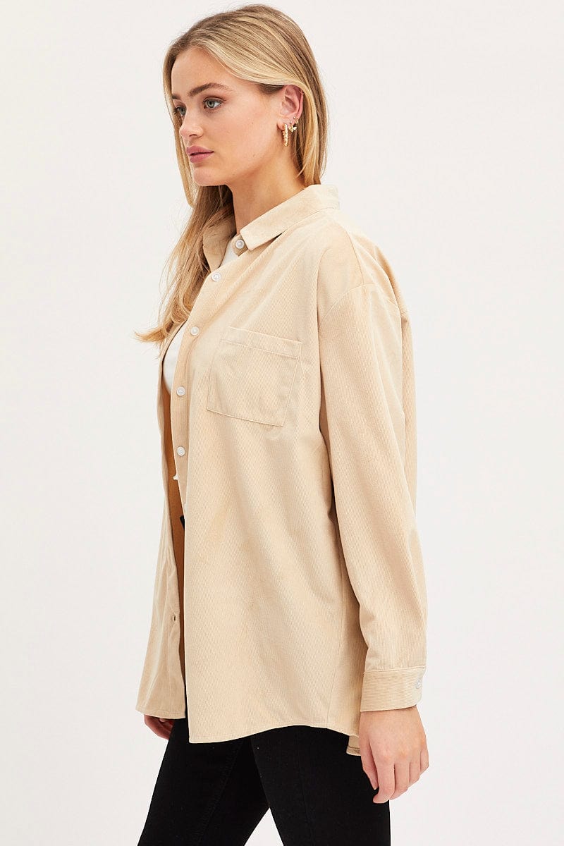 Beige Shirt Top Long Sleeve Collared Corduroy