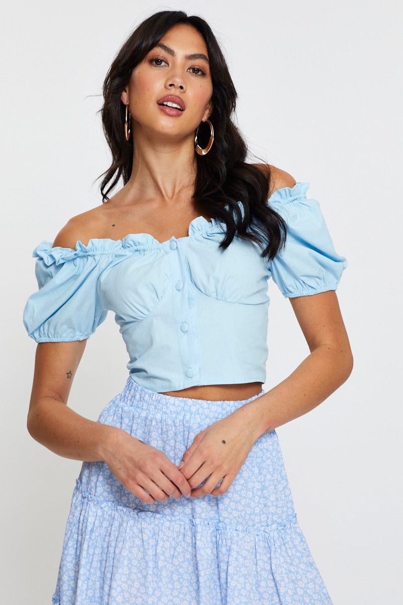 Blue Crop Top Short Sleeve Sweetheart Button Front