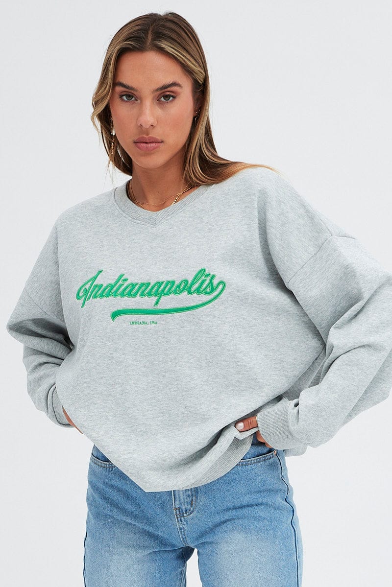 Grey Sweat Shirt Long Sleeve V-Neck Oversized Indiana