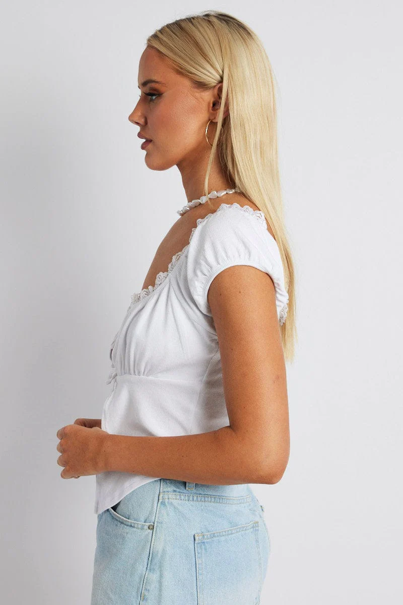 White Front Tie Top Short Sleeve Rib