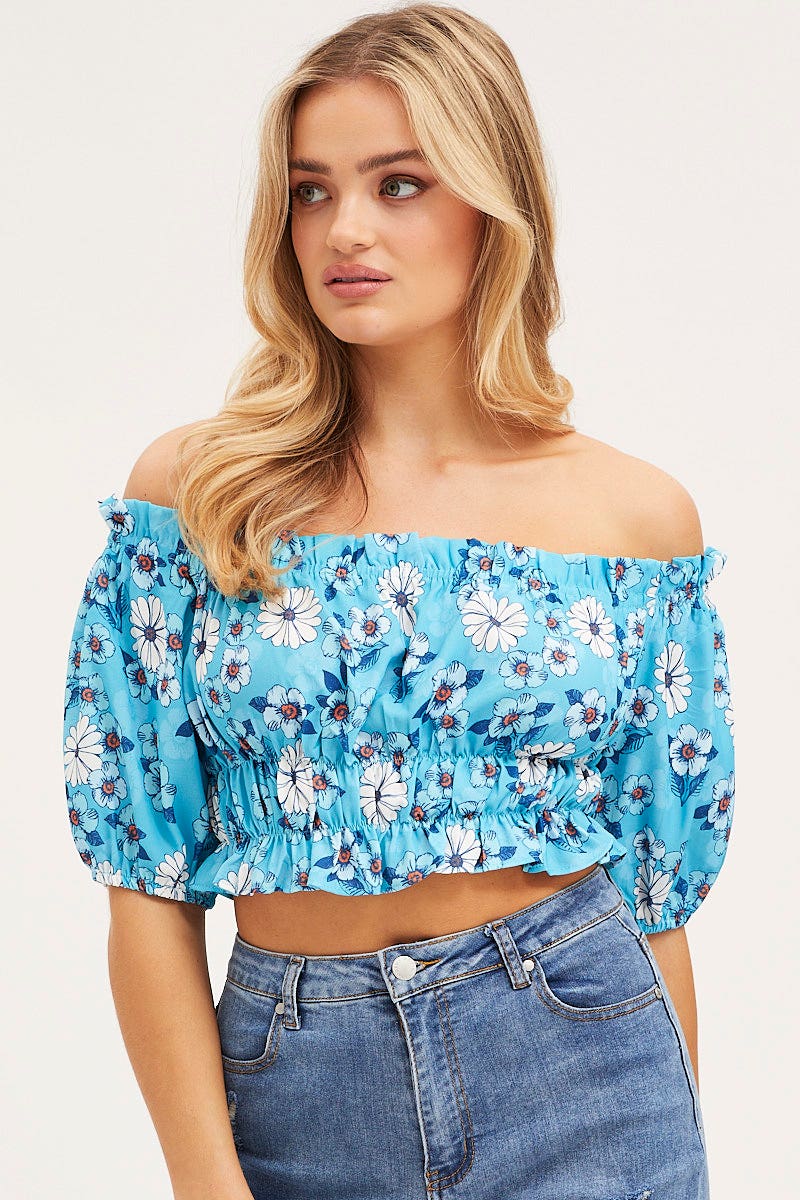 Print Crop Top Off Shoulder