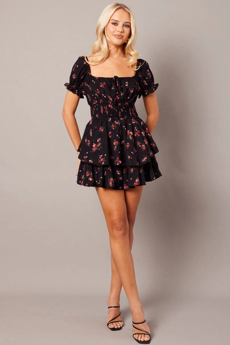 Black Ditsy Playsuit Short Sleeve
