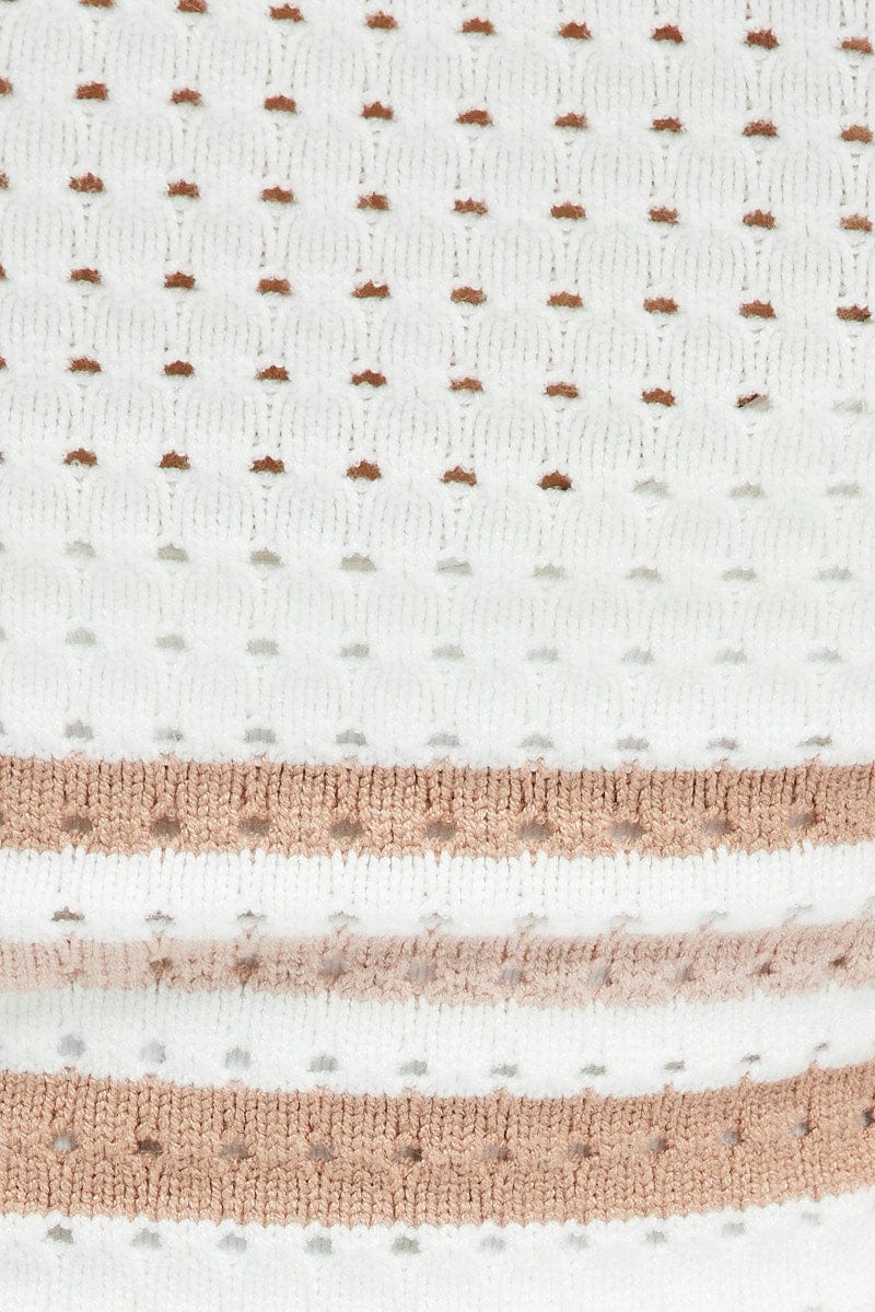 Beige Stripe Knit Dress Sleeveless Crochet