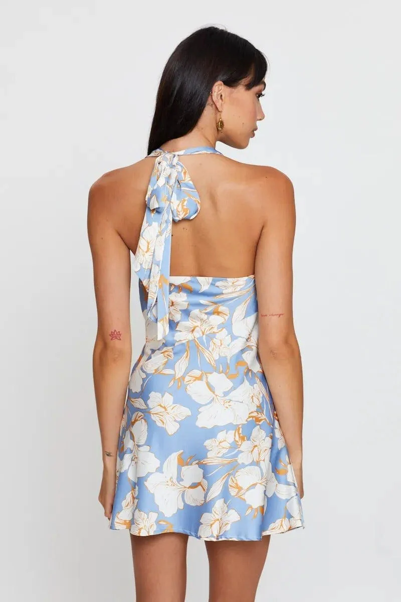 Print Slip Dress Evening Halter Neck Satin