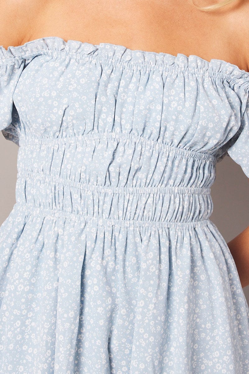 Blue Ditsy Fit And Flare Dress Puff Sleeve