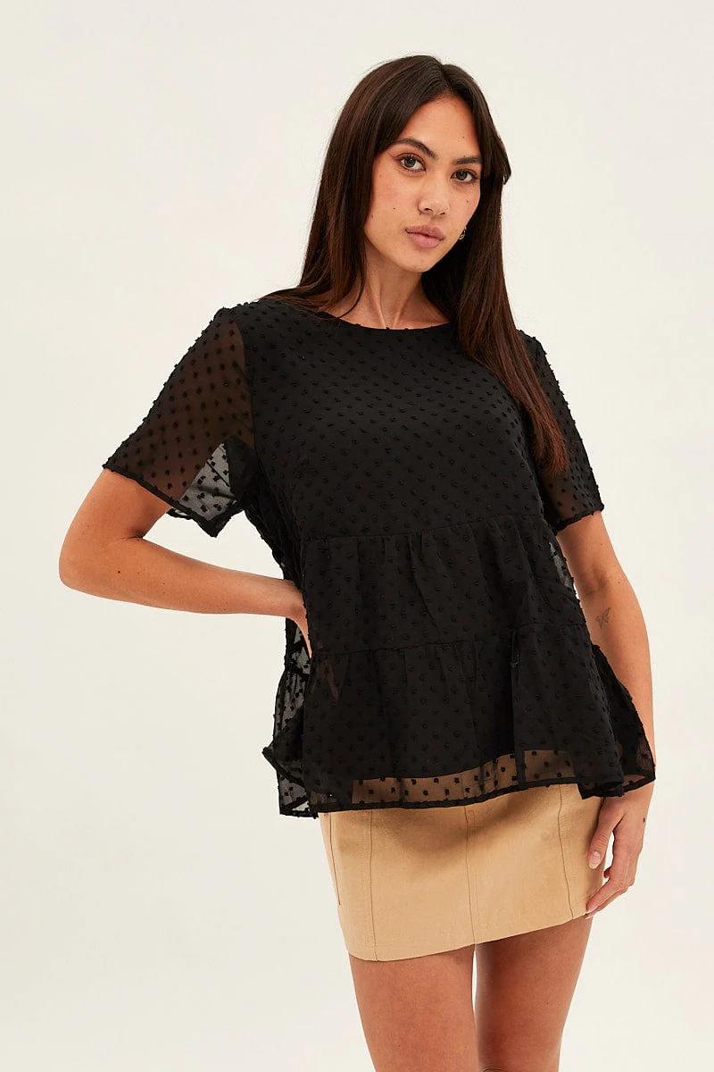 Black Dobby Chiffon Flutter Sleeve Tiered Hem Top