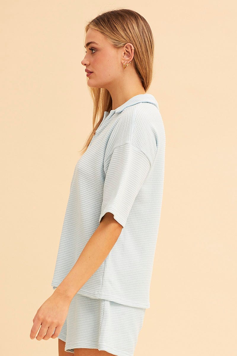 Blue Sabine Oversized Textured Lounge Short Sleeve Top