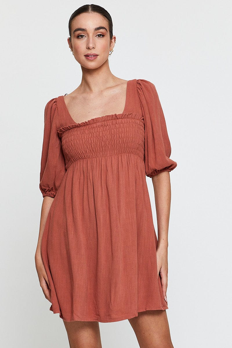 Orange Mini Dress Short Sleeve Evening