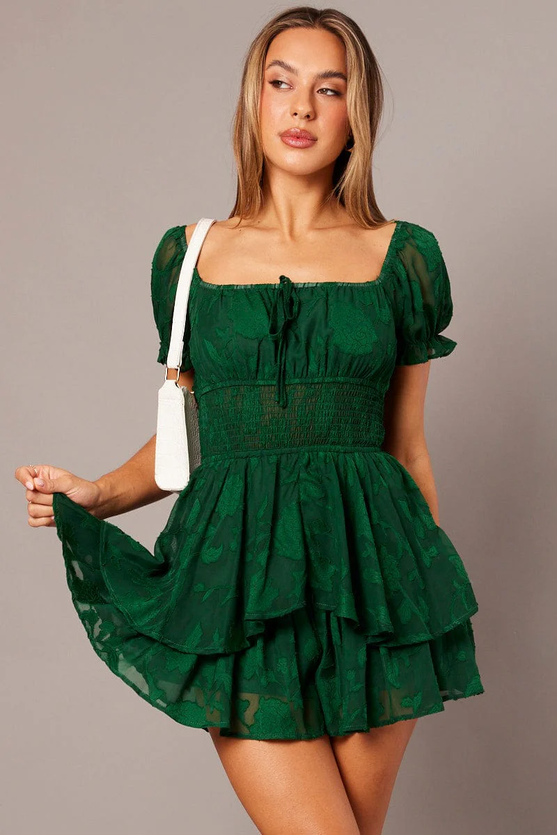 Green Ruffle Playsuit Short Sleeve Ruched Bust