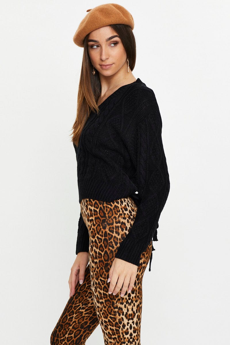 Black V Neck Cable Knit