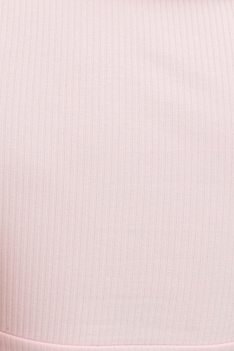 Pink Rib Crop Top Long Sleeve Round Neck