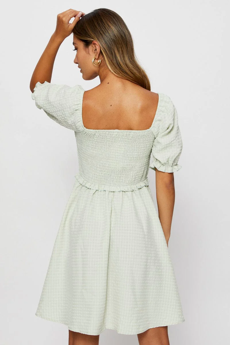 Green Fit And Flare Dress Short Sleeve Square Neck