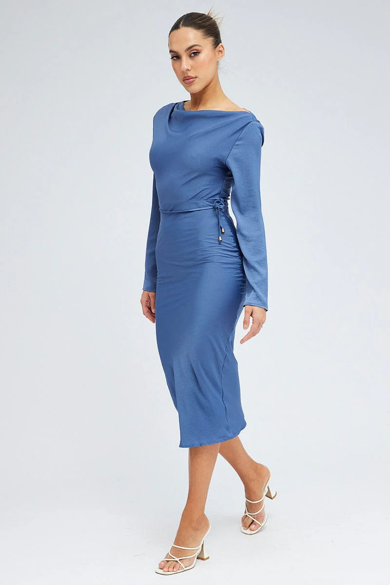 Ink Long Sleeve Satin Slip Midi Dress