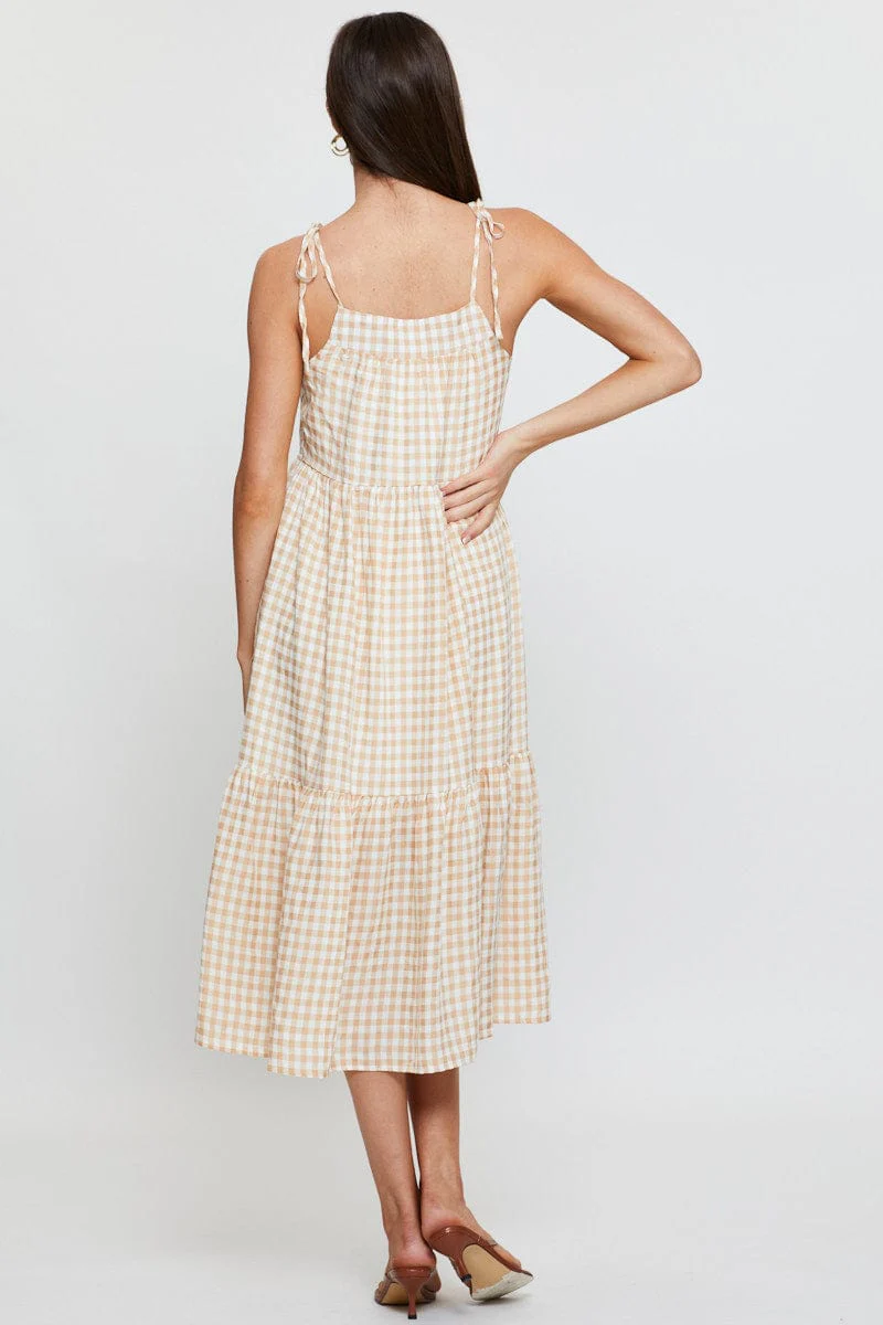 Check Midi Dress Sleeveless Tie Shoulder