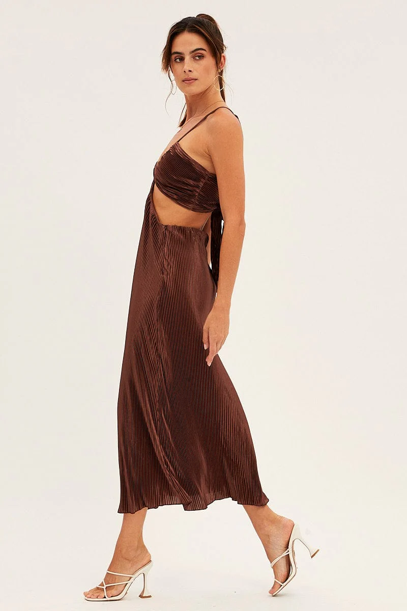 Brown Plisse Midi Dress Tie Back