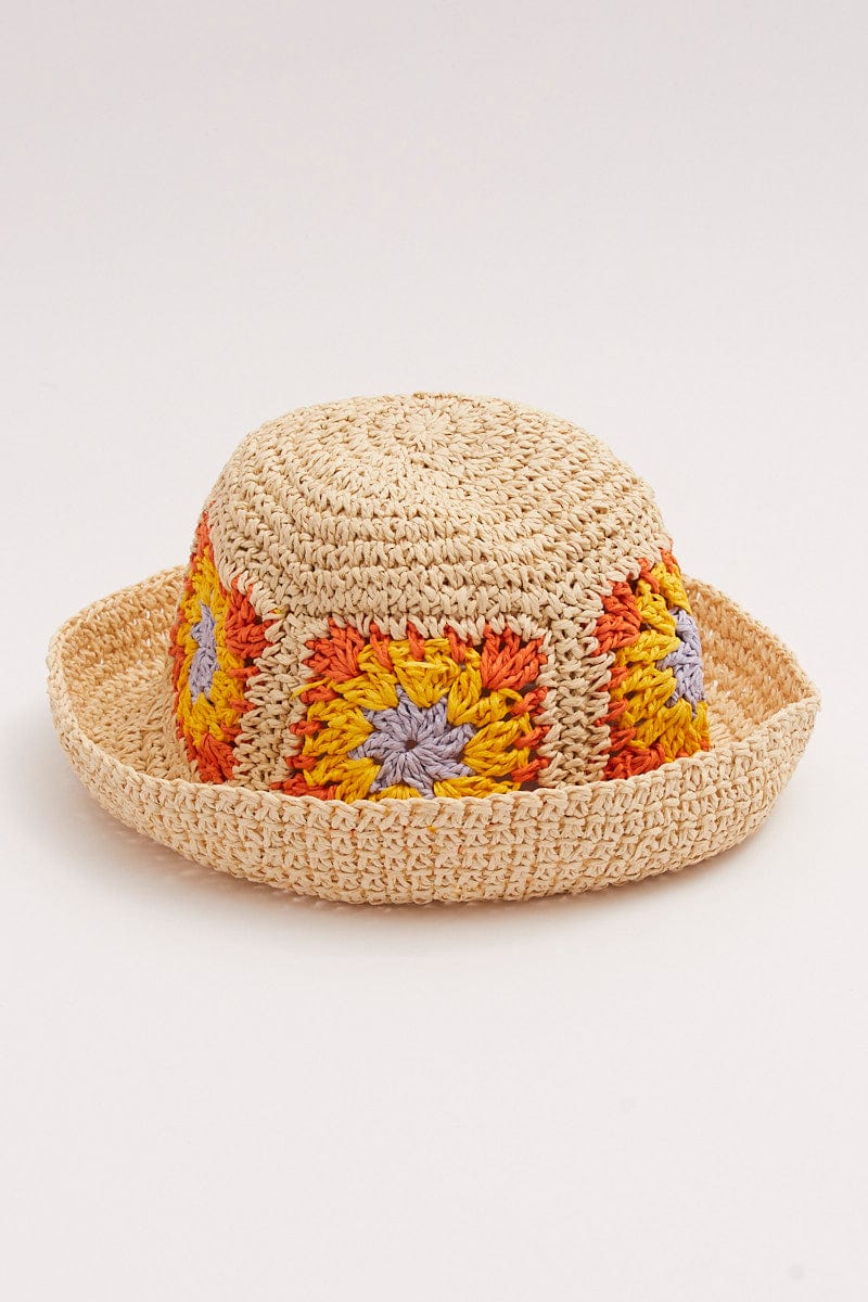 Beige Floral Decor Straw Bucket Hat