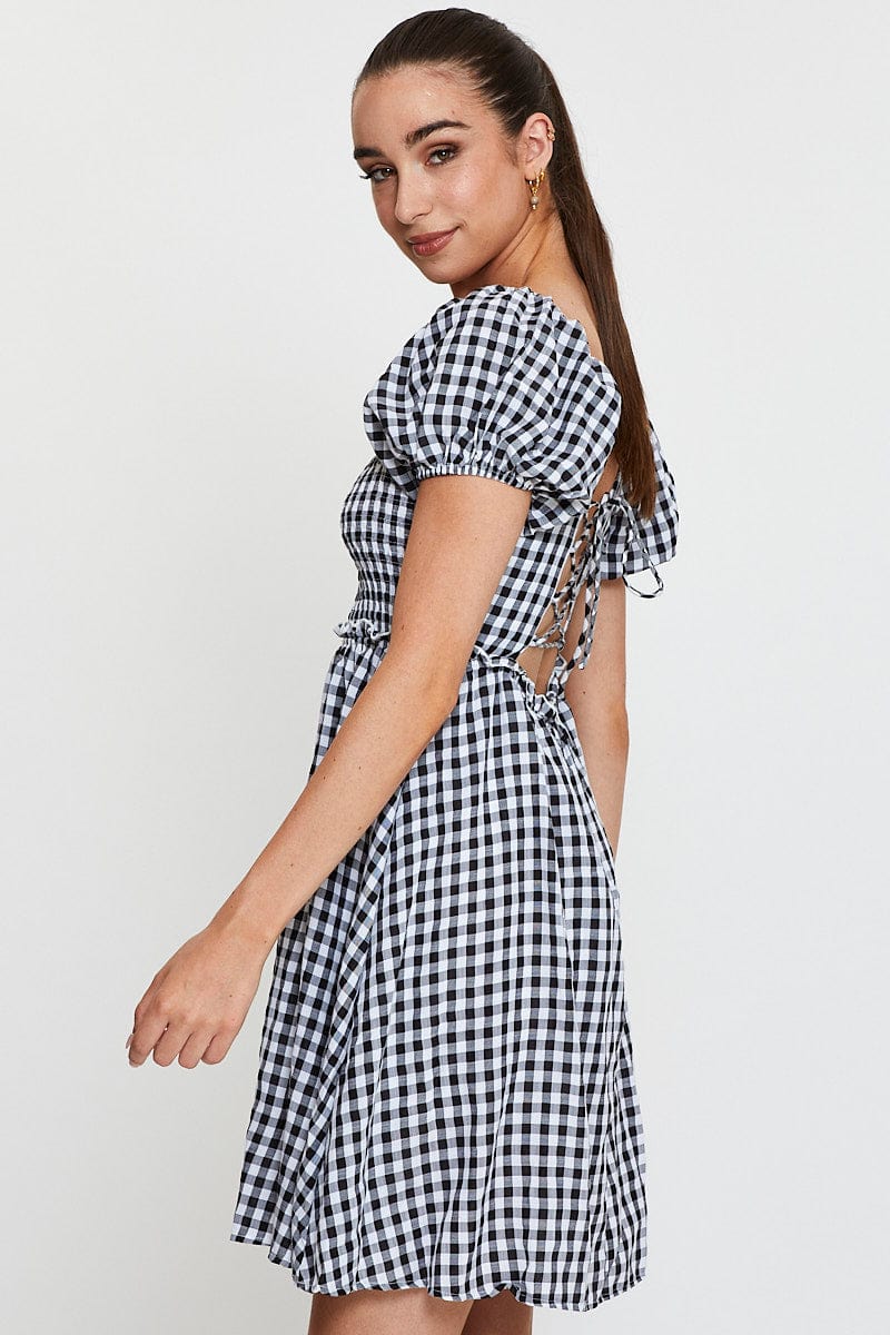 Check Mini Dress Short Sleeve Square Neck