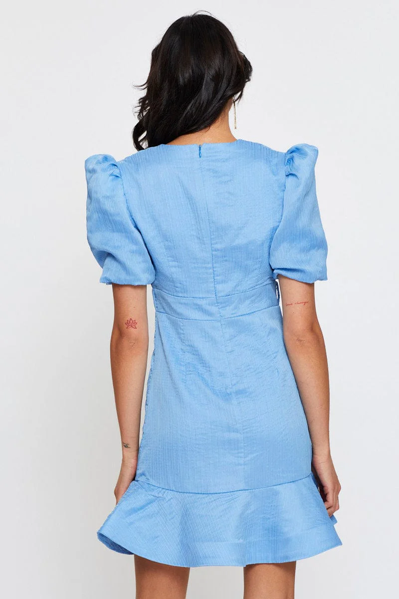 Blue Mini Dress V Neck