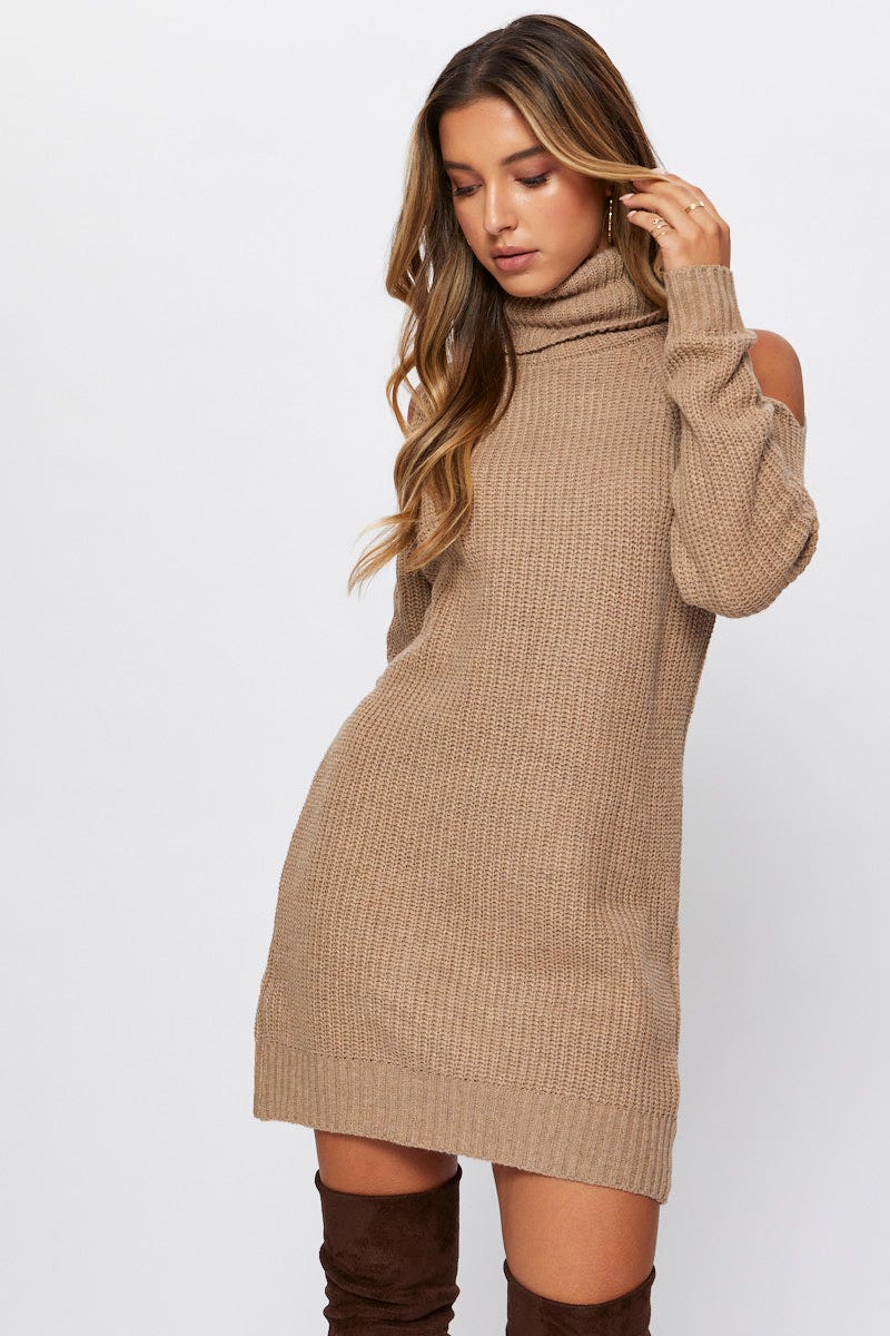 Beige Knit Dress Mini