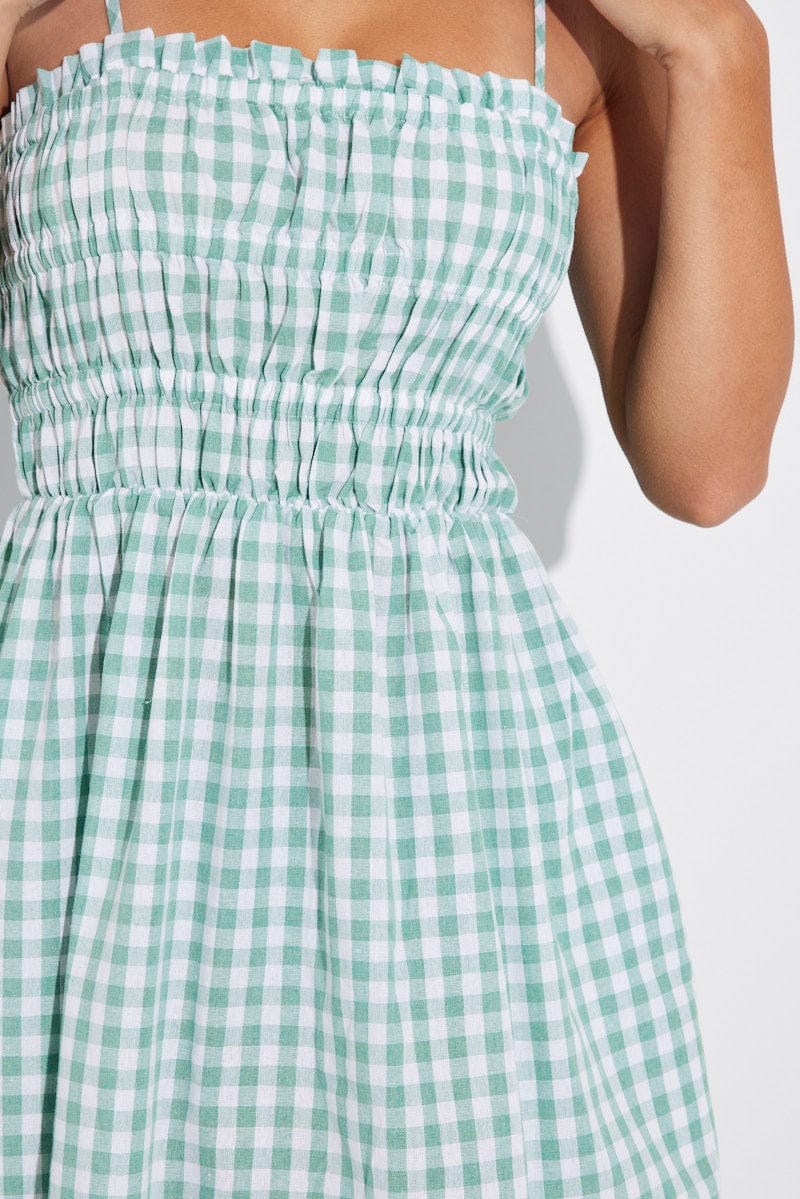 Green Check Maxi Dress Sleeveless Shirred