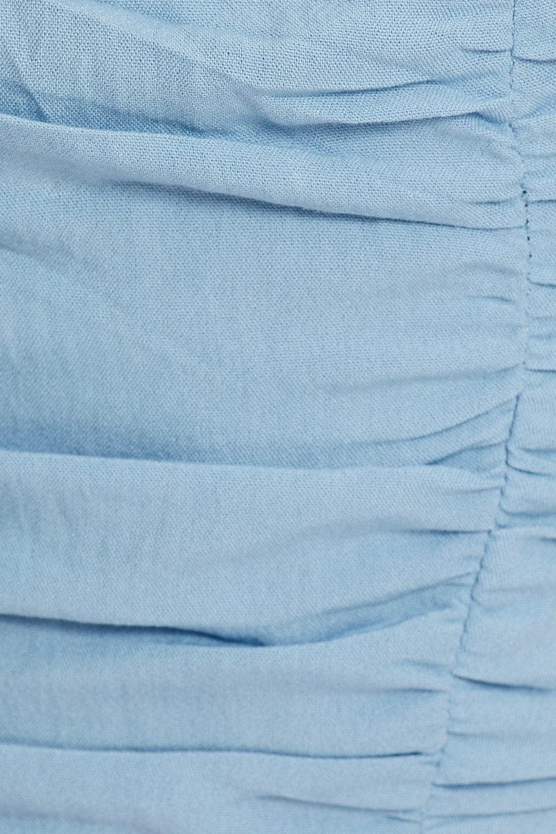 Blue Short Sleeve Ruched Draw String Crop Top