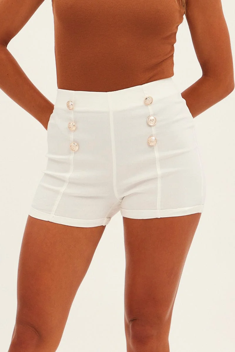 White Shorts High Rise Button Through