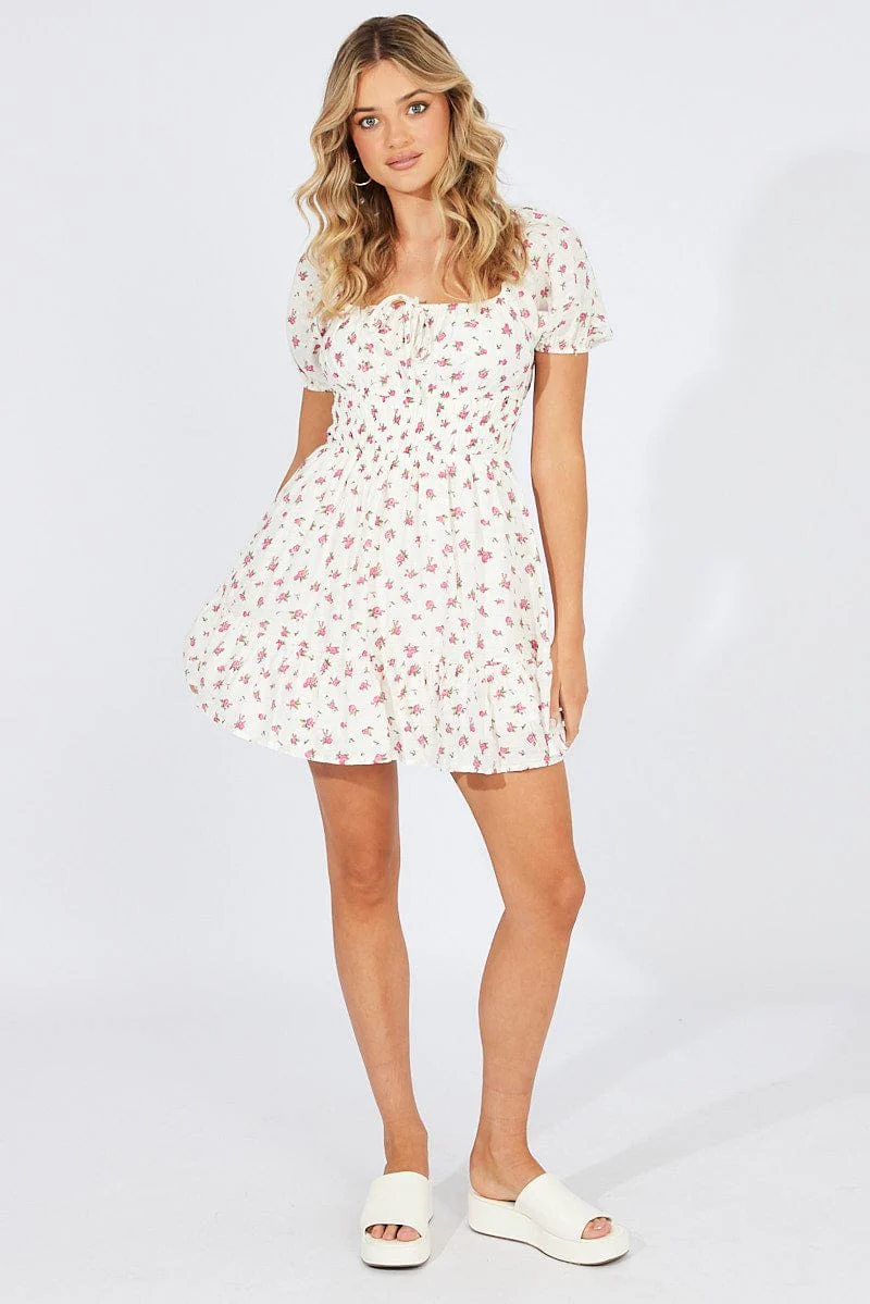 White Floral Fit And Flare Dress Puff Sleeve Mini