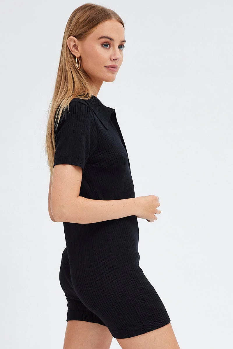 Black Knit Romper Short Sleeve Collared Onesie Unitard