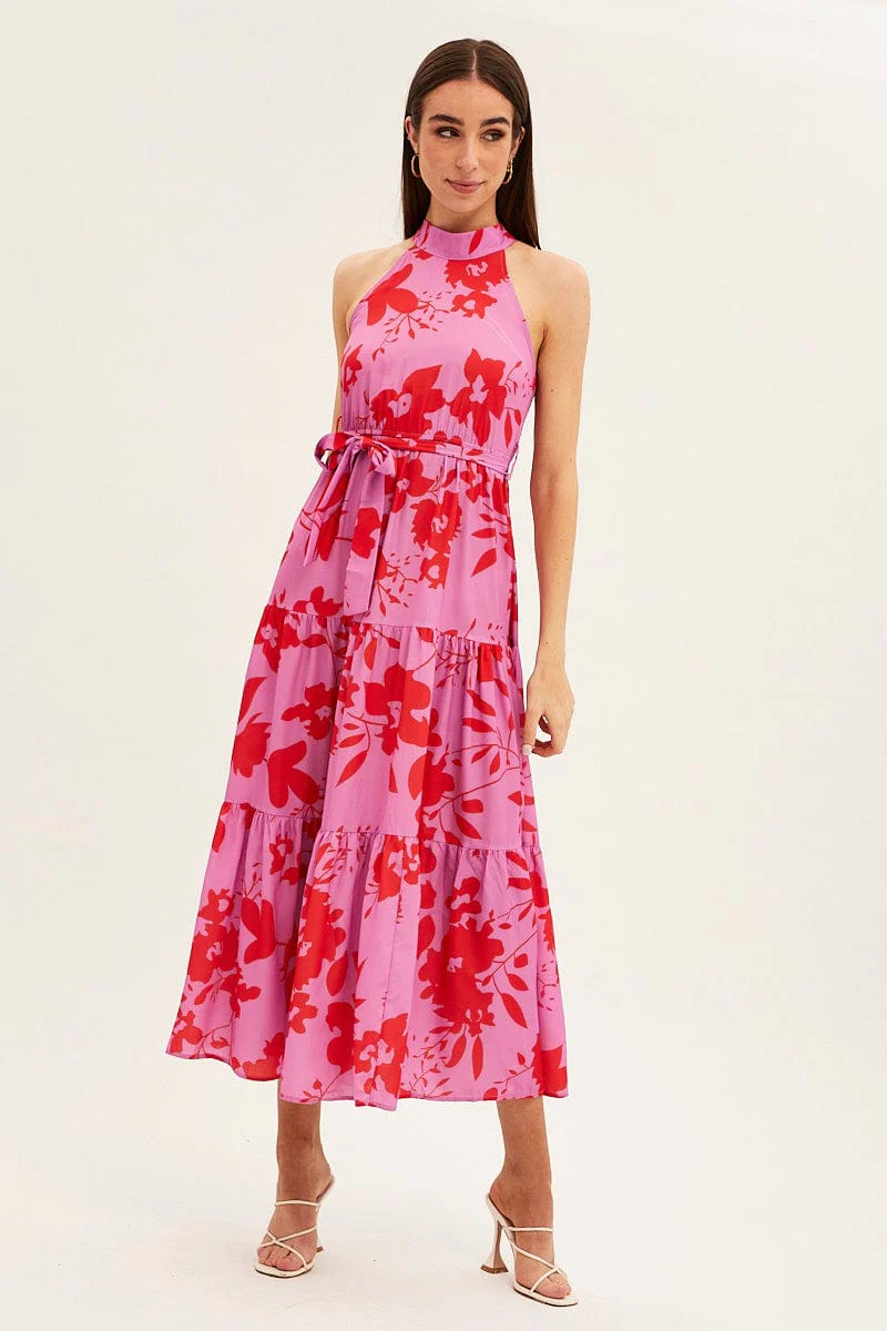 Pink Floral Halter Neck Floral Maxi Dress