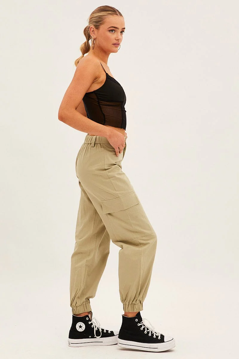 Green High Rise Wide Leg Cargo Pants