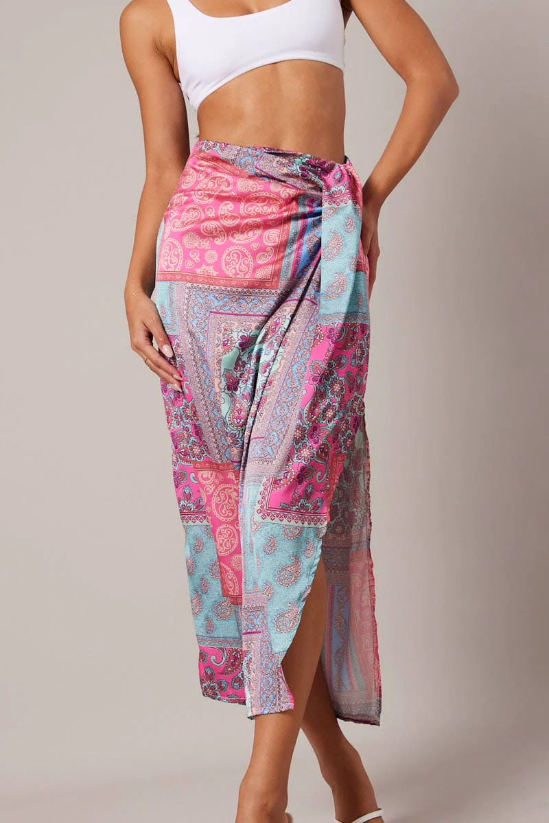 Multi Paisley Scarf Maxi Skirt Gathered Wrap Paisley Satin Skirt