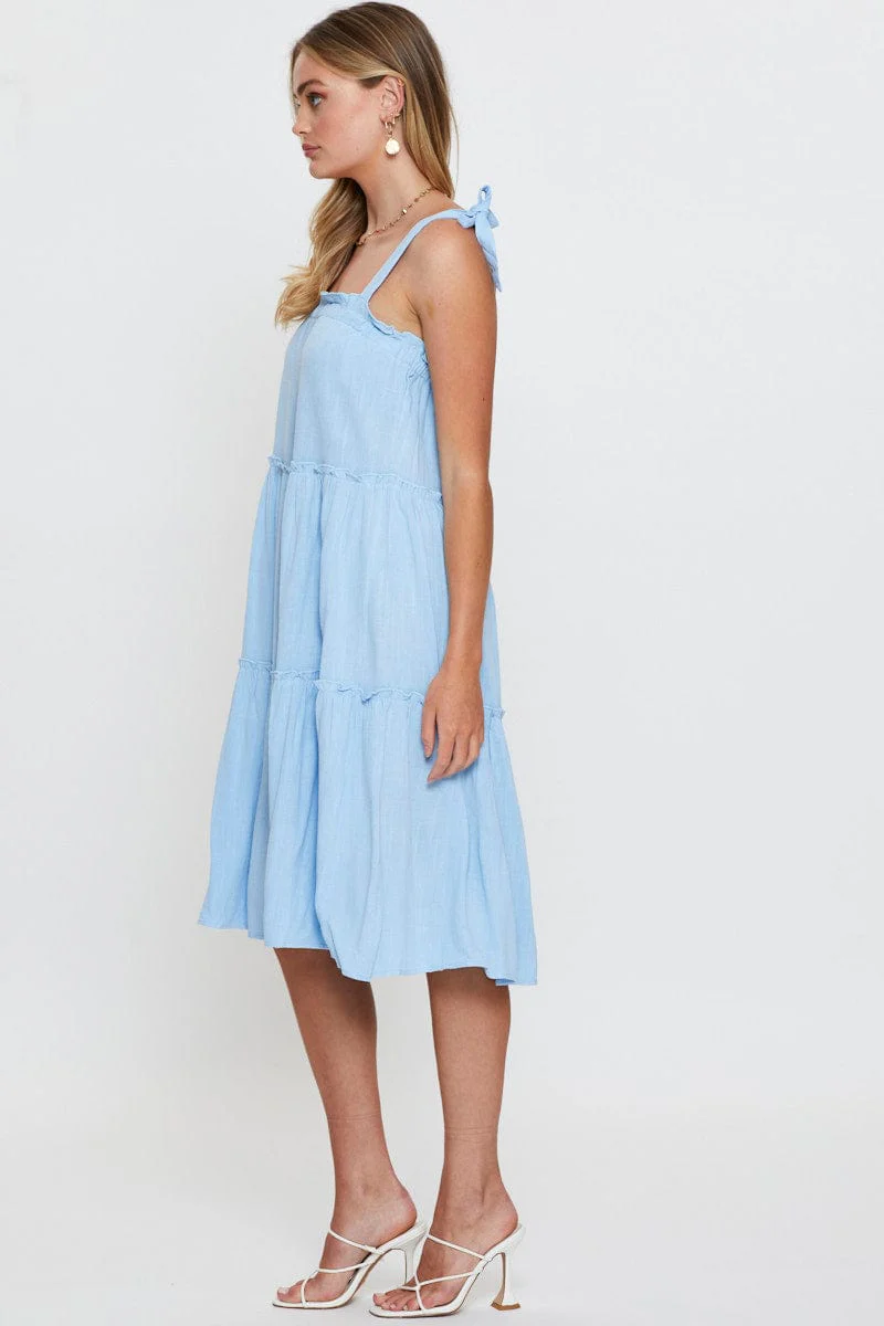 Blue Midi Dress Sleeveless Tie Shoulder