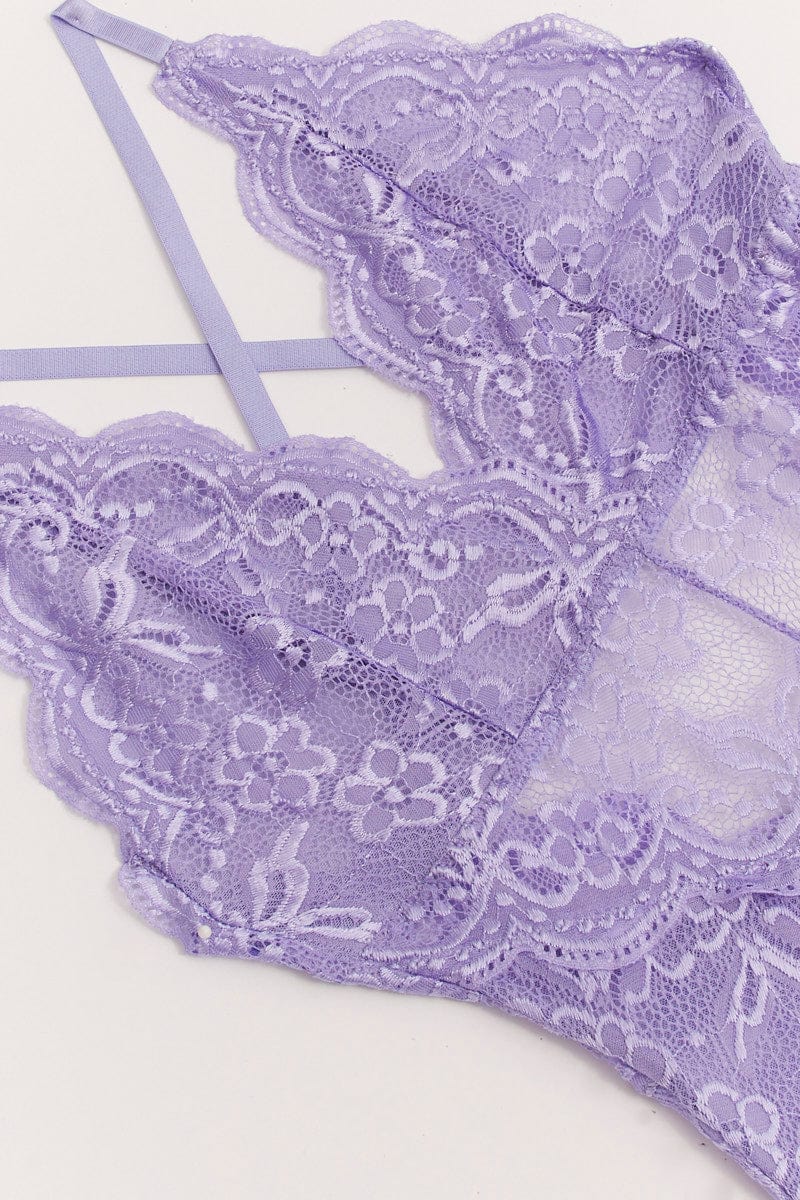 Purple Floral Lace One Piece Teddy Bodysuit