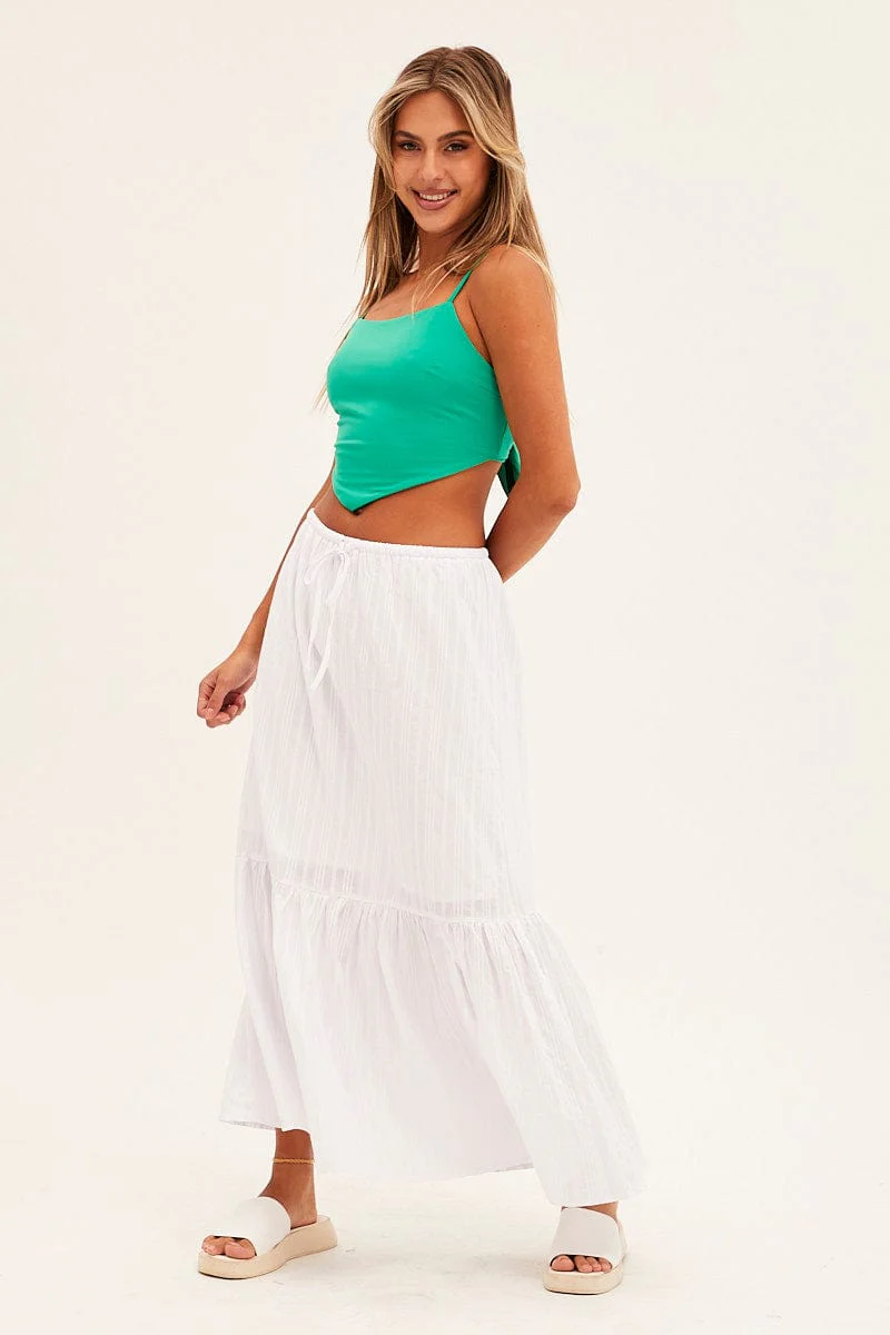 White Midi Skirt Tiered Textured Thin Tie Waist