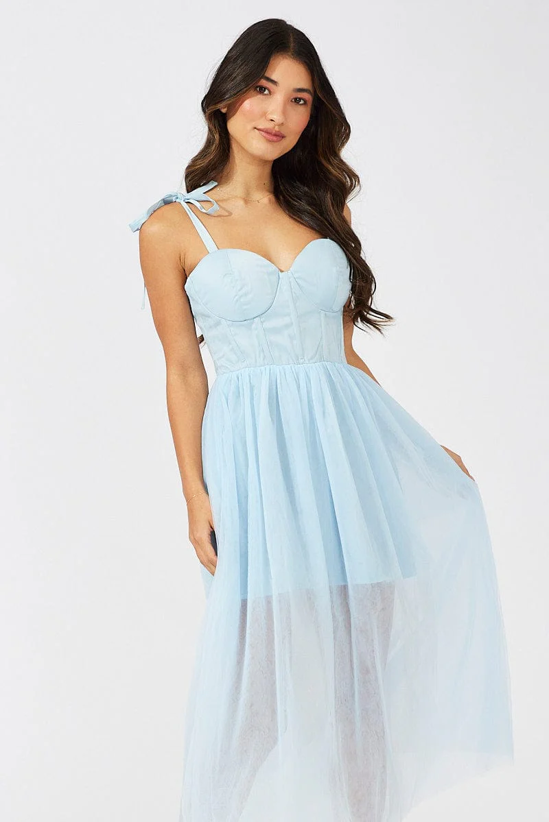 Blue Midi Dress Tulle Corset Detail Occasion Dress