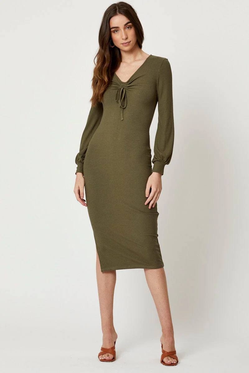 Green Ribbed Drawstring Midi Dress