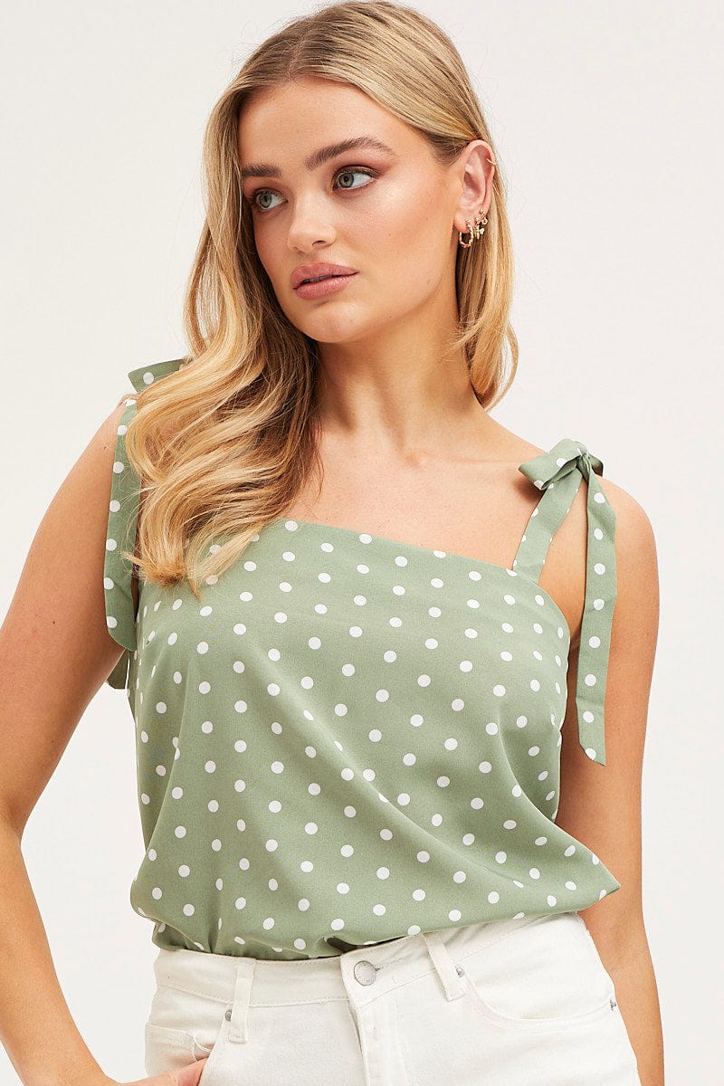 Polka Dot Tie Shoulder Top Sleeveless