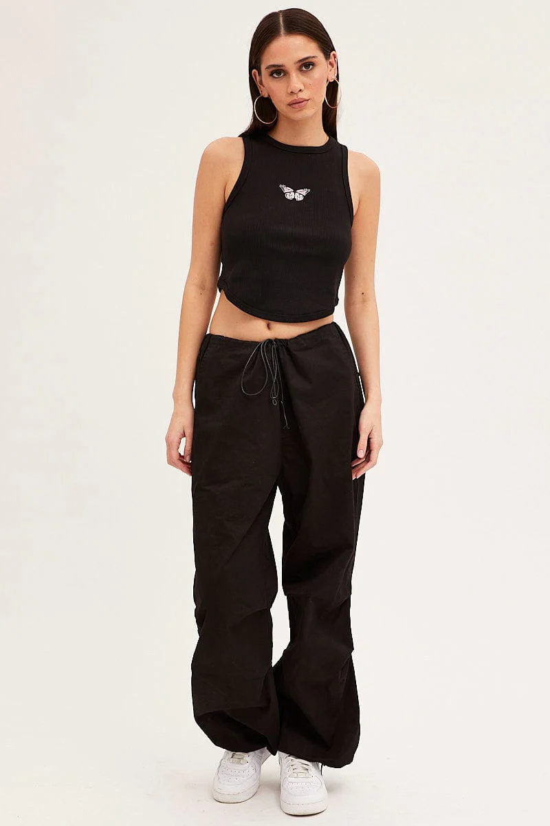 Black Crop Tank Sleeveless Curved Hem Rib Butterfly