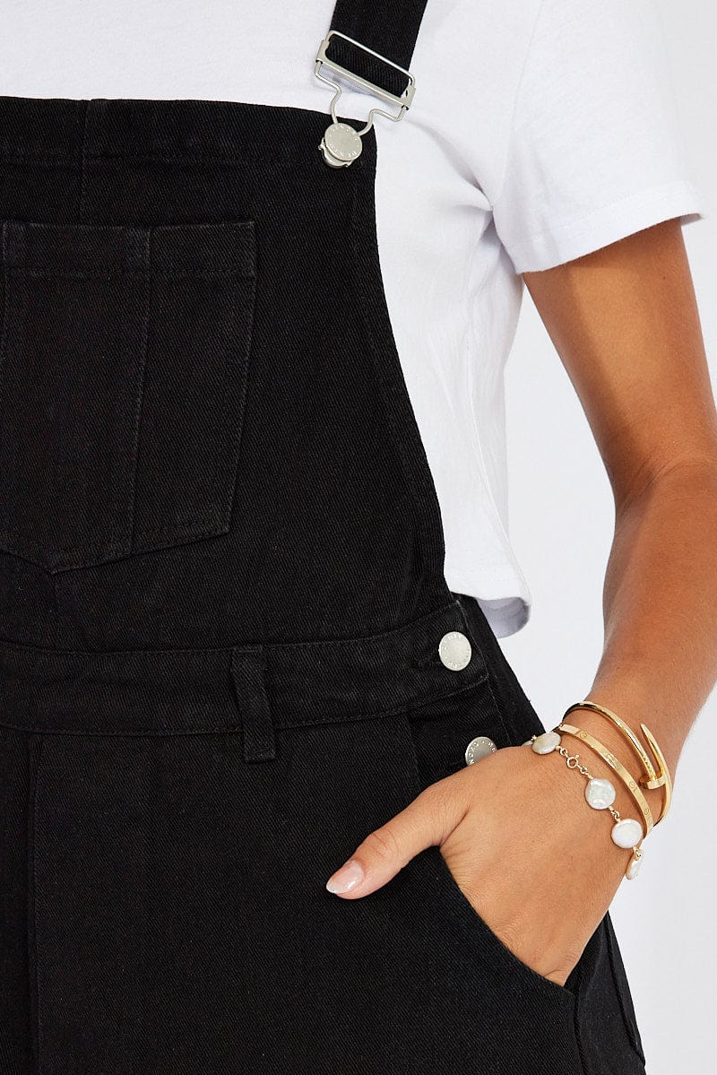 Black Short Denim Overalls