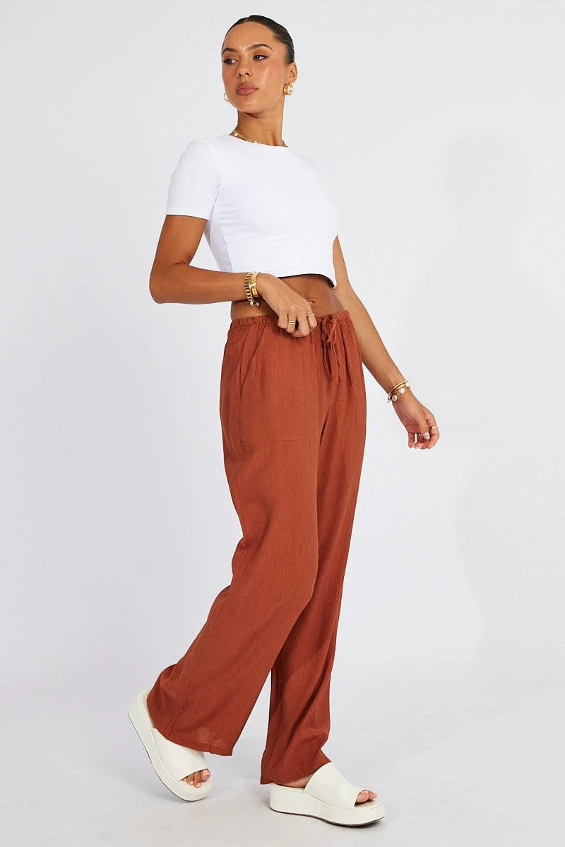 Brown Wide Leg Pants Textured Fabric