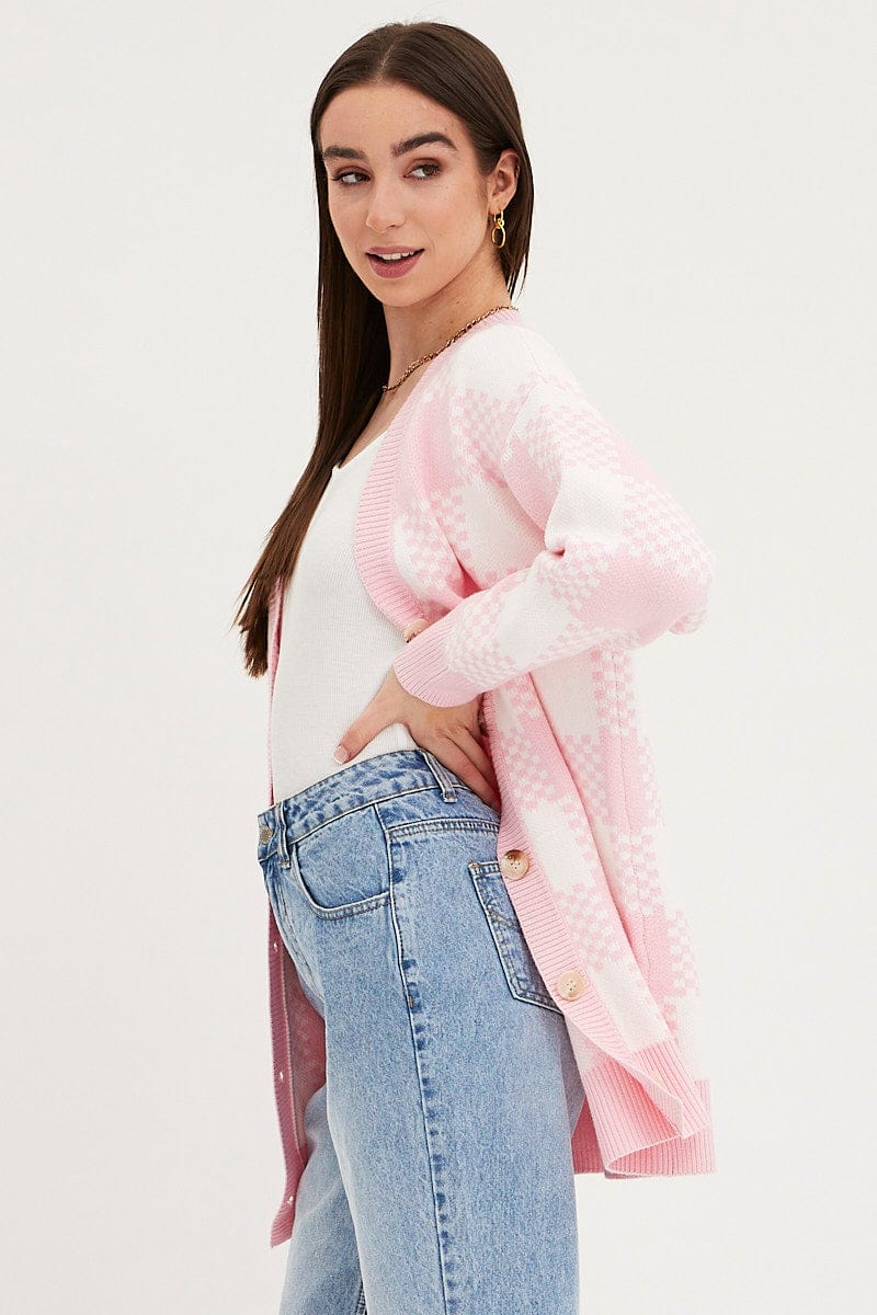 Check Knit Cardigan Long Sleeve Longline