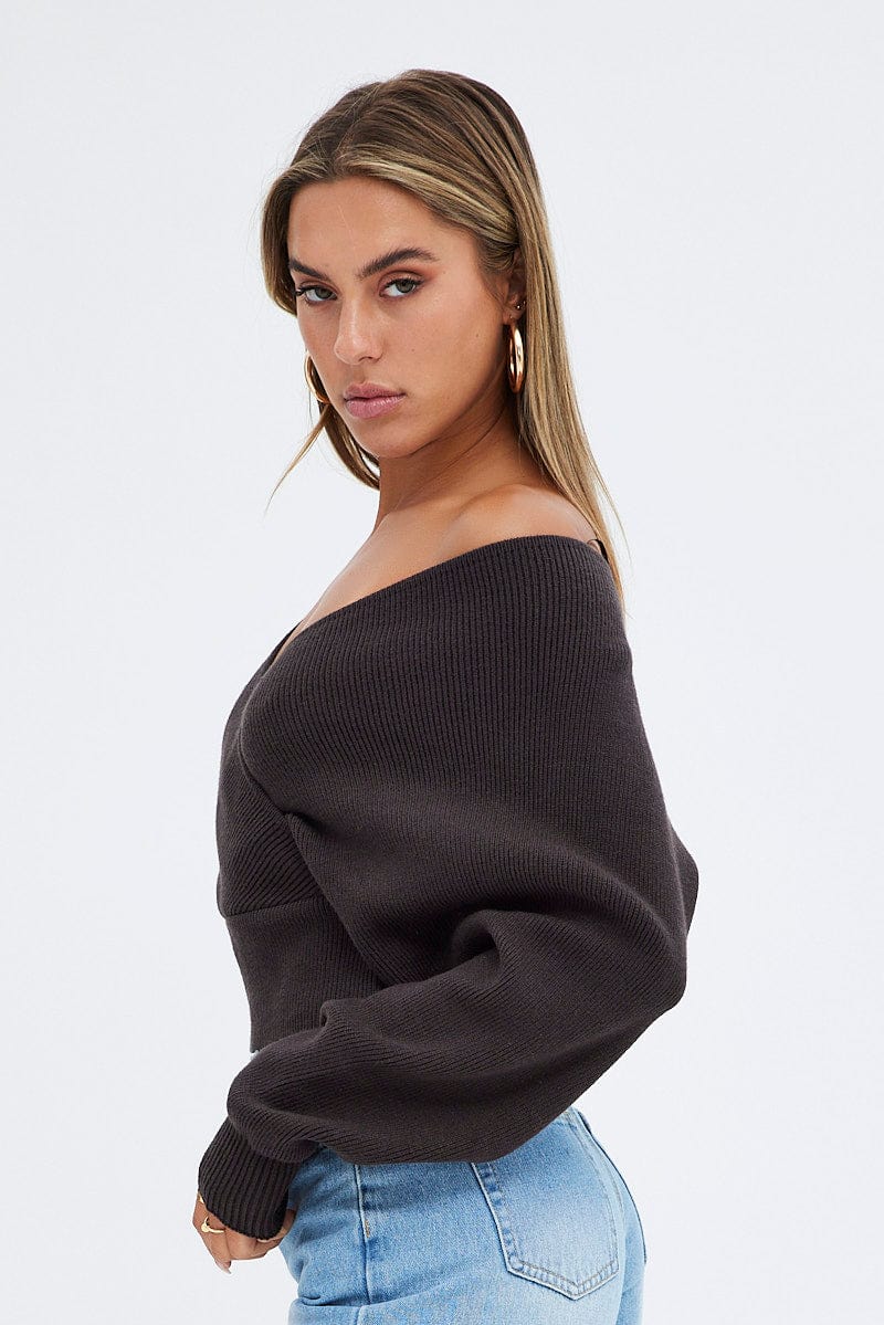 Brown Knit Top Long Sleeve Cross Over