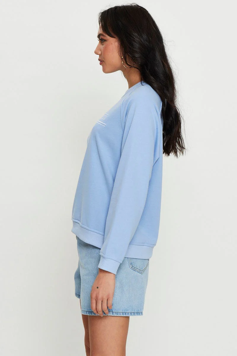 Blue Graphic Top Long Sleeve Oversized Round Neck