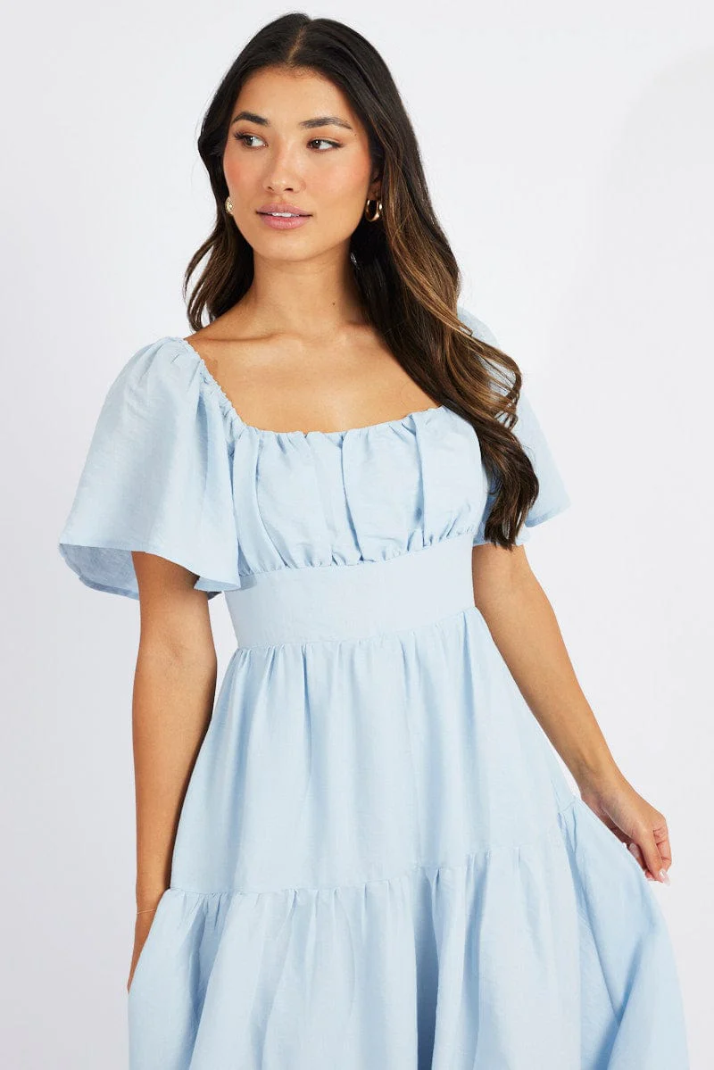 Blue Maxi Dress Square Neck Tiered