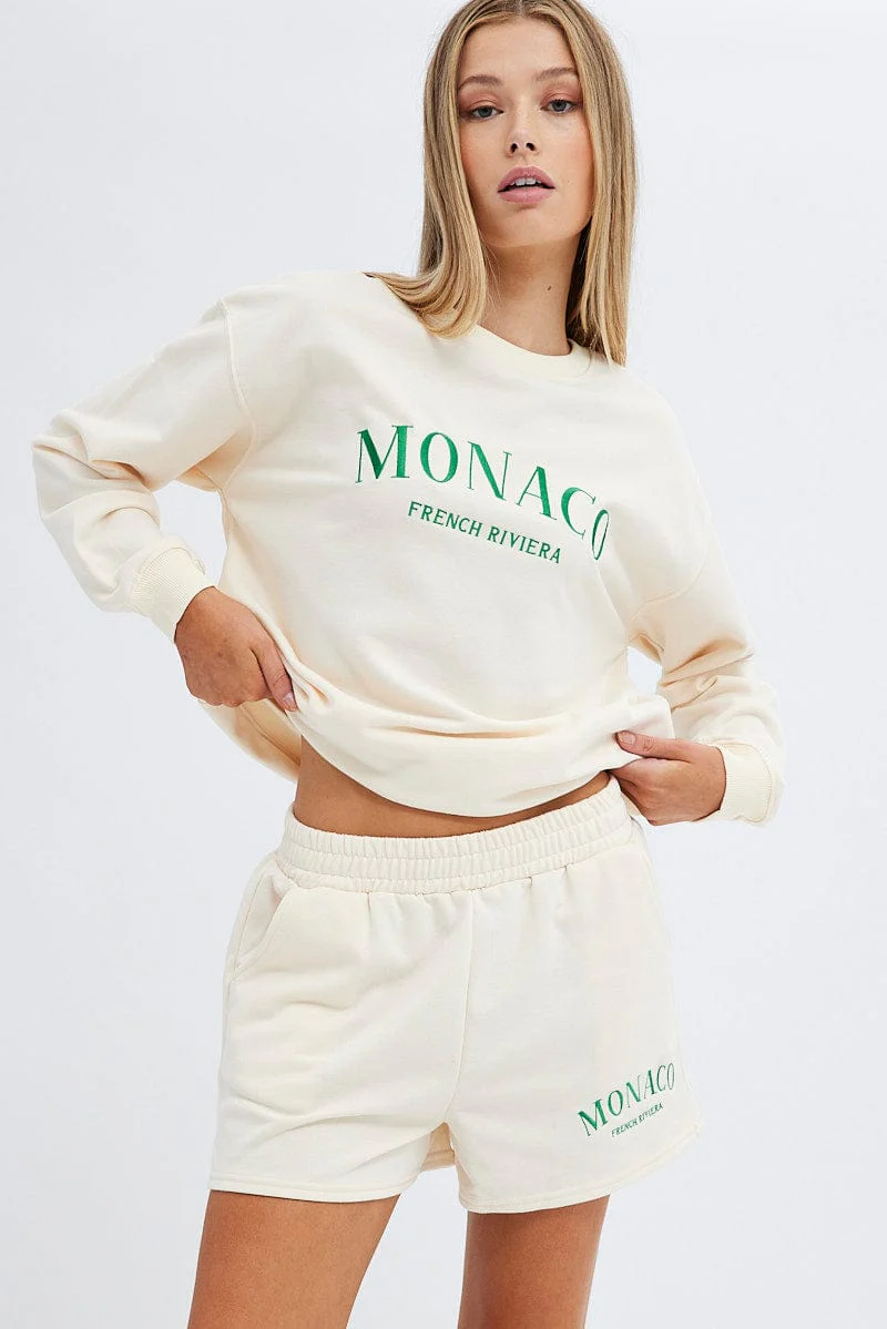 Cream Sweater Varsity Embroidered Monaco Slogan